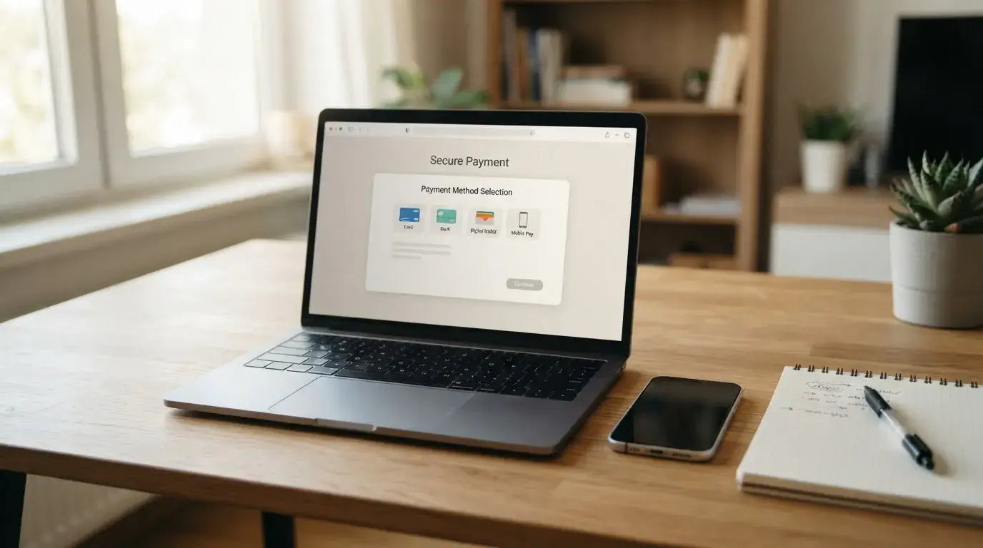 Laptop mit neutraler Kassenansicht und Zahlungsmethoden