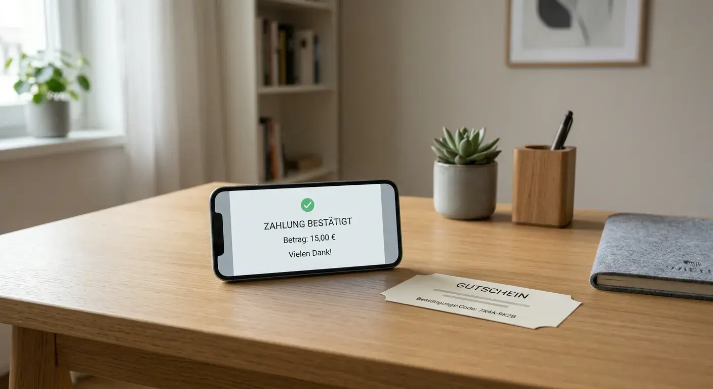 Hände mit neutralem Smartphone und Paysafecard-ähnlichem Beleg ohne Markenlogo