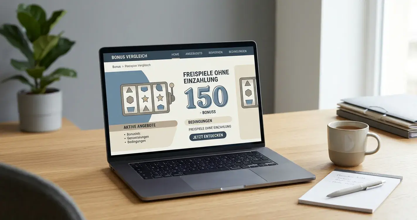 Laptop mit neutraler Casino-Bonusübersicht und 150 Freispiele-Hinweis