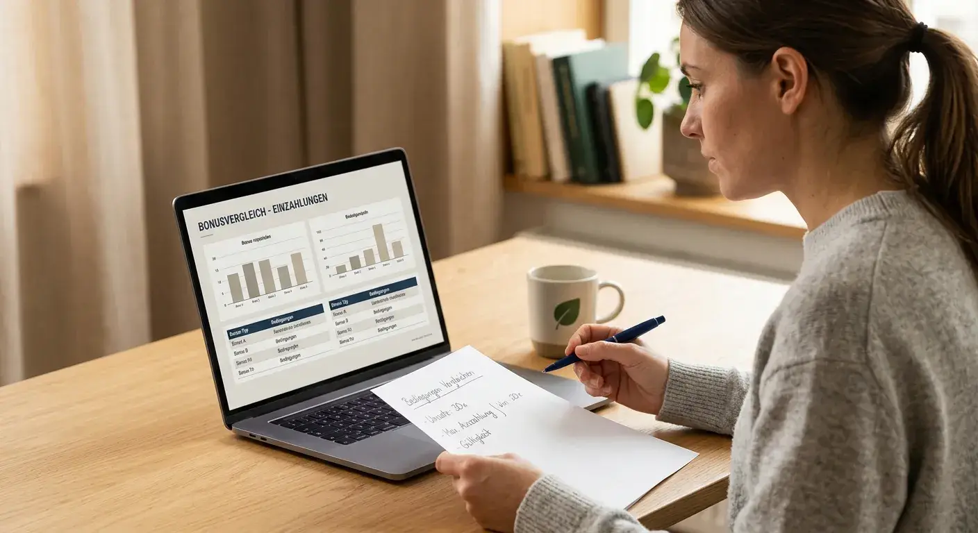 Person am Laptop vergleicht Einzahlungsbonus-Bedingungen für ein 50-Euro-Budget