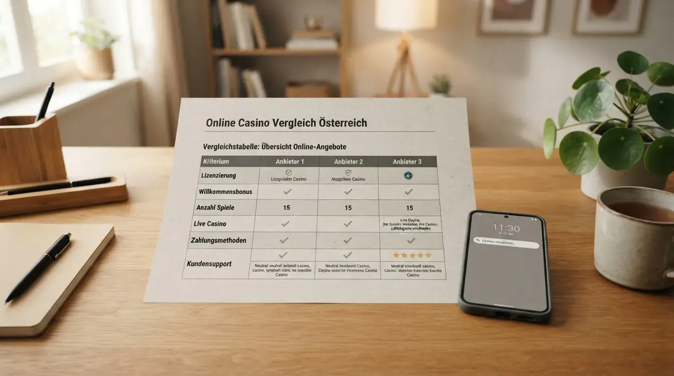 Vergleich von Online Casinos mit A1 Einzahlung in Österreich auf einem übersichtlichen Dokument