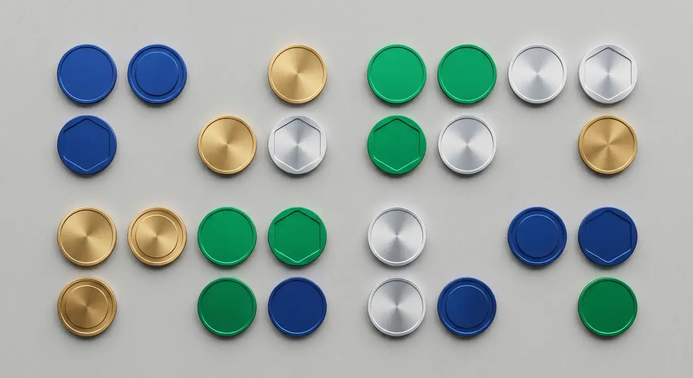 Mehrere abstrakte Chip-Token in verschiedenen Farben auf einer neutralen Oberfläche, symbolisch für digitale Währungen