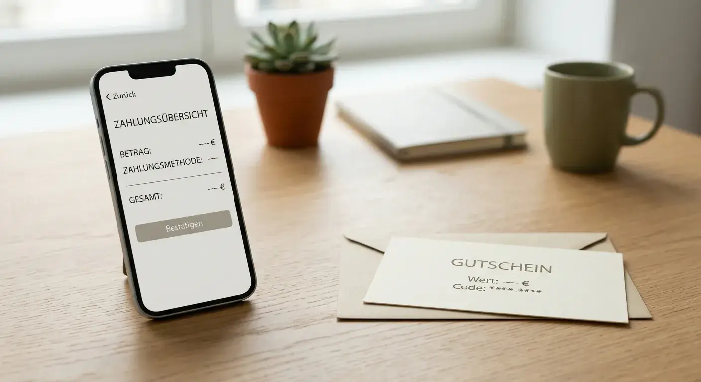 Smartphone mit neutraler Zahlungsübersicht neben einem unbeschrifteten Geschenkgutschein