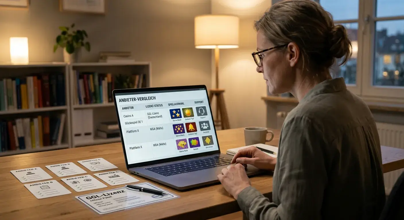 Laptop mit neutraler Anbieterprüfung und Spielkatalog ohne Markenlogo