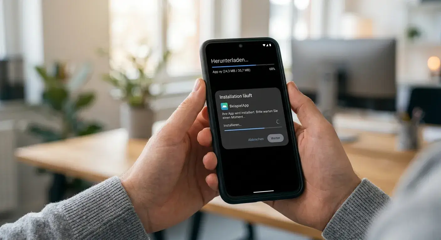Android-Smartphone in Hand zeigt App-Download und Installationsdialog