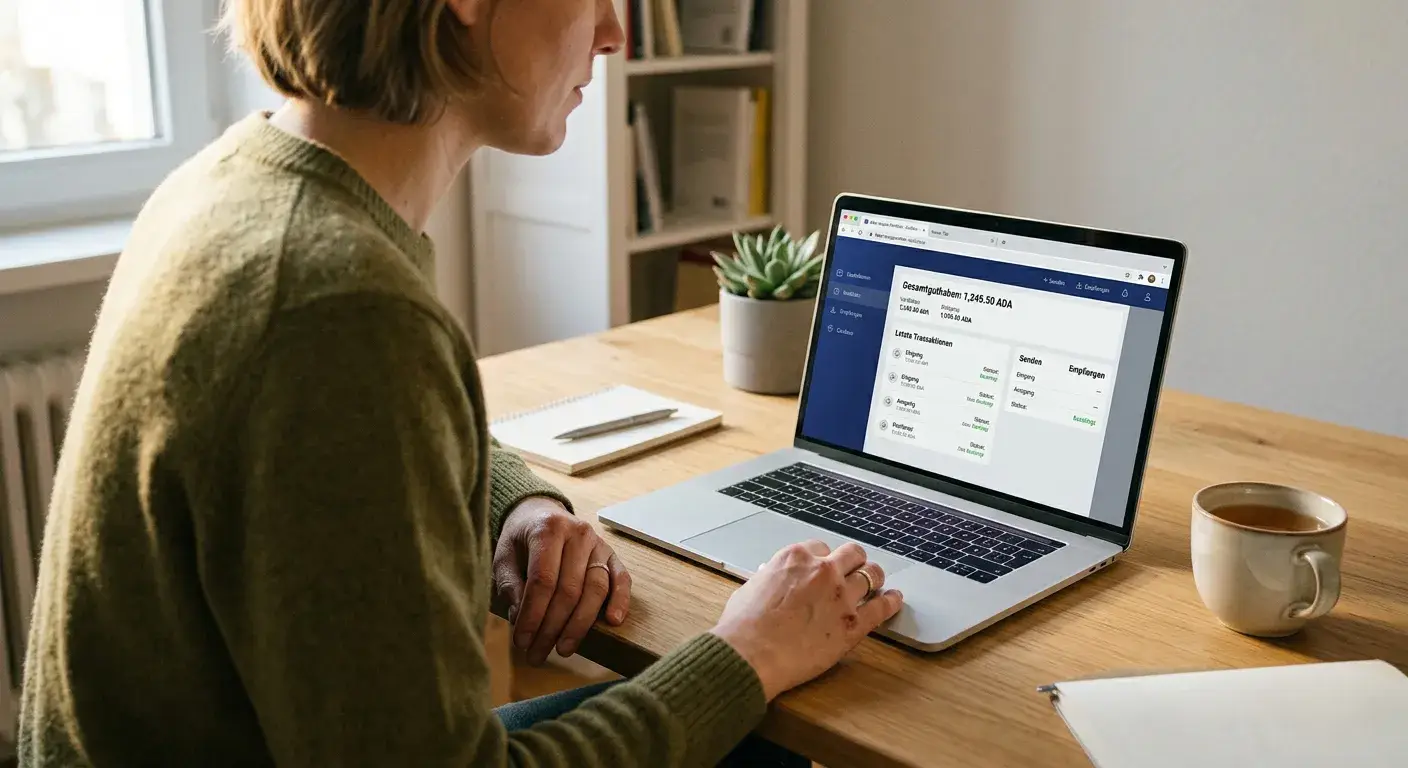 Person an einem Laptop mit geöffnetem Krypto-Wallet, neutrale Oberfläche ohne Markenlogos