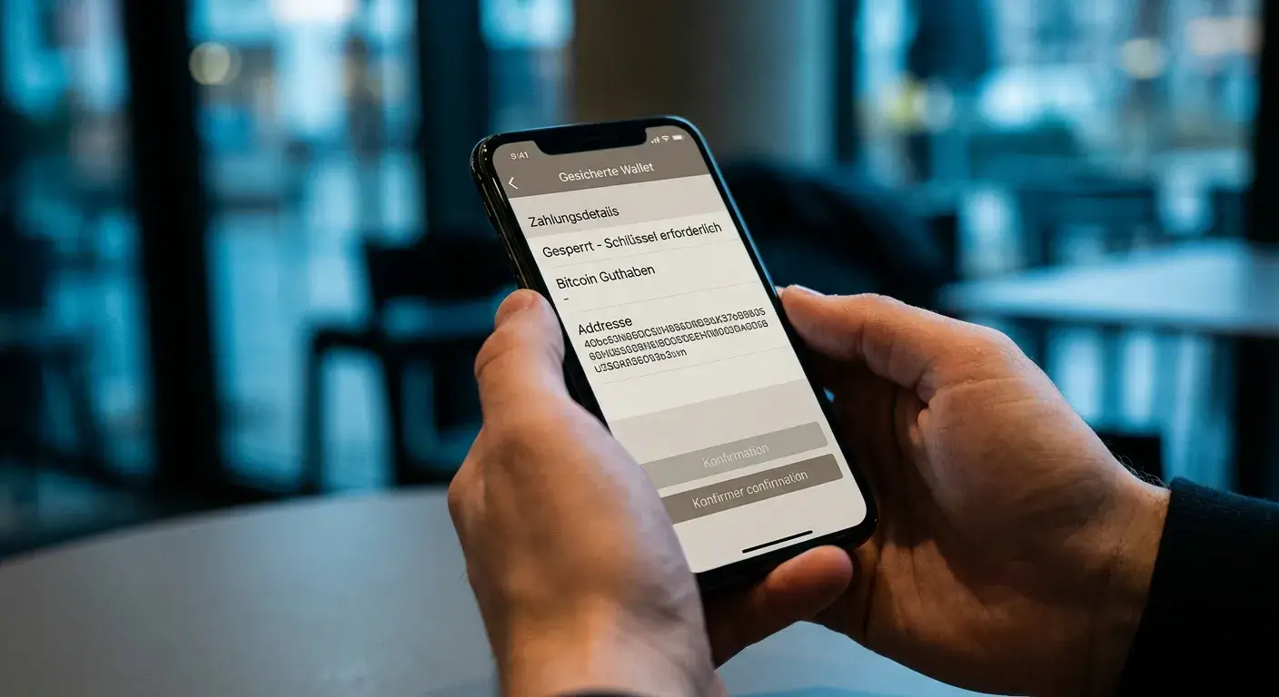 Close-up einer Hand, die ein Smartphone mit einer verschlüsselten Wallet-App hält, unscharfer Hintergrund