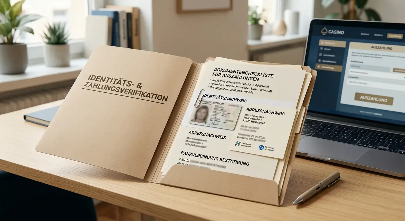 Ordner mit neutralen Identitäts- und Zahlungsnachweisen auf einem aufgeräumten Schreibtisch