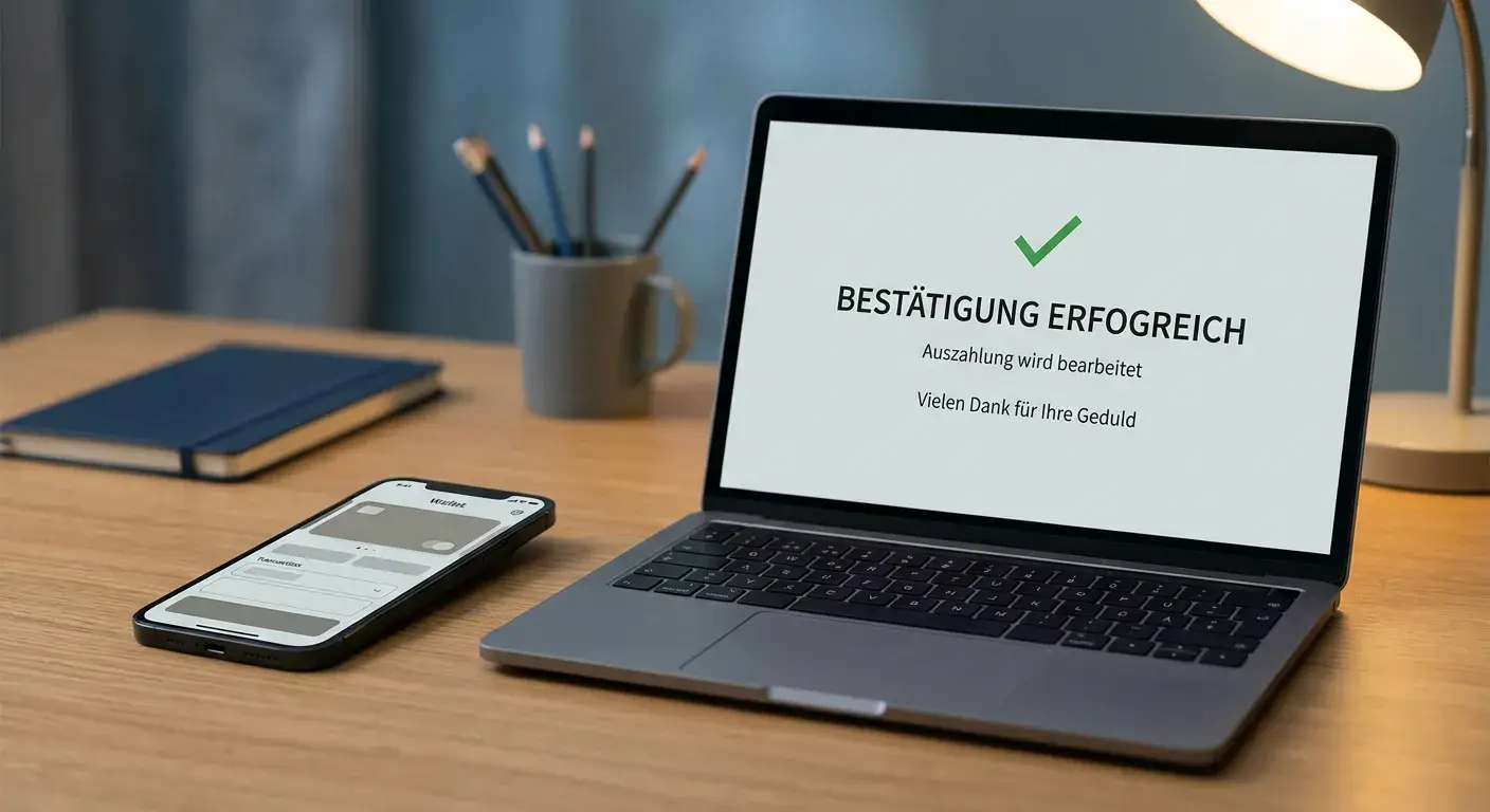 Smartphone mit neutraler E-Wallet-App neben einem Laptop mit Auszahlungsbestätigung