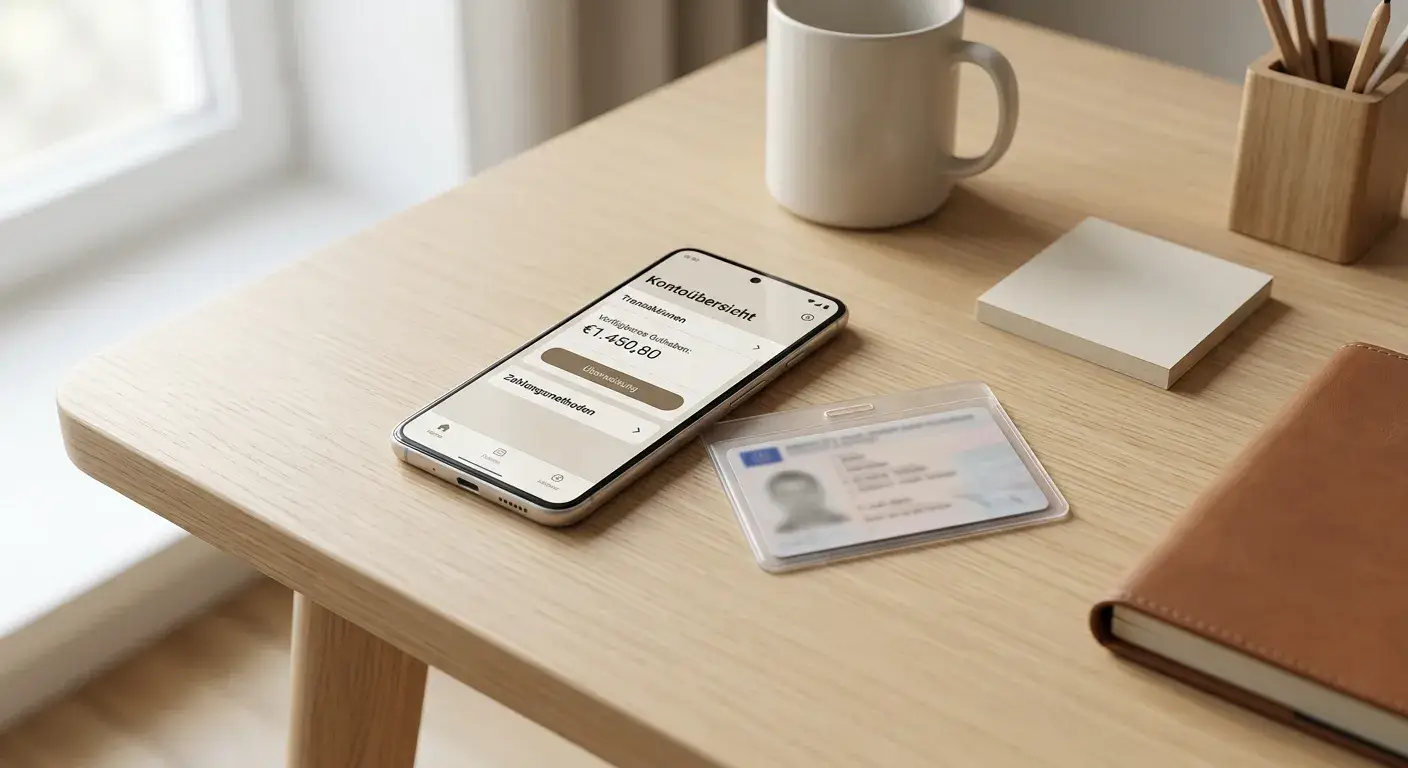 Smartphone mit neutraler Banking-Oberfläche und Personalausweis-Hülle für Auszahlung und KYC-Prüfung