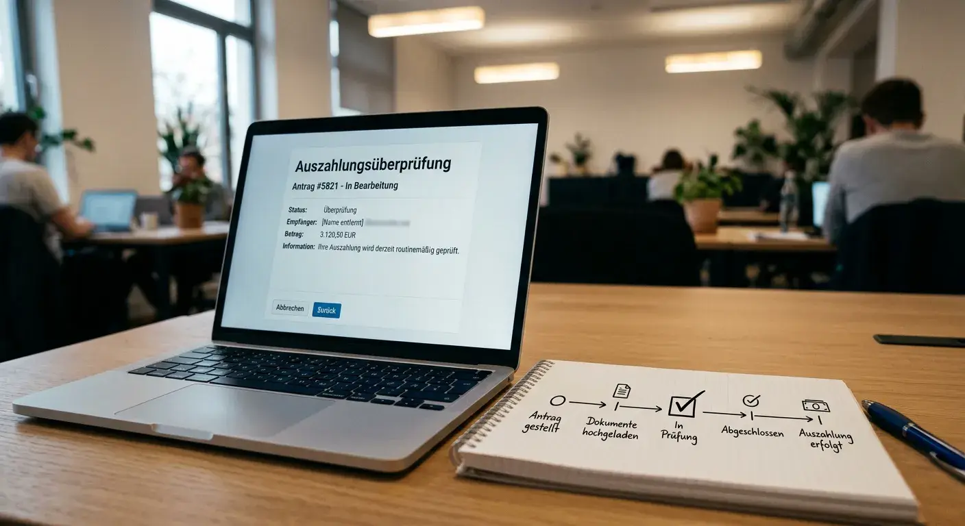 Neutrale Auszahlungskontrolle am Laptop mit Notizen zu Bearbeitungszeiten
