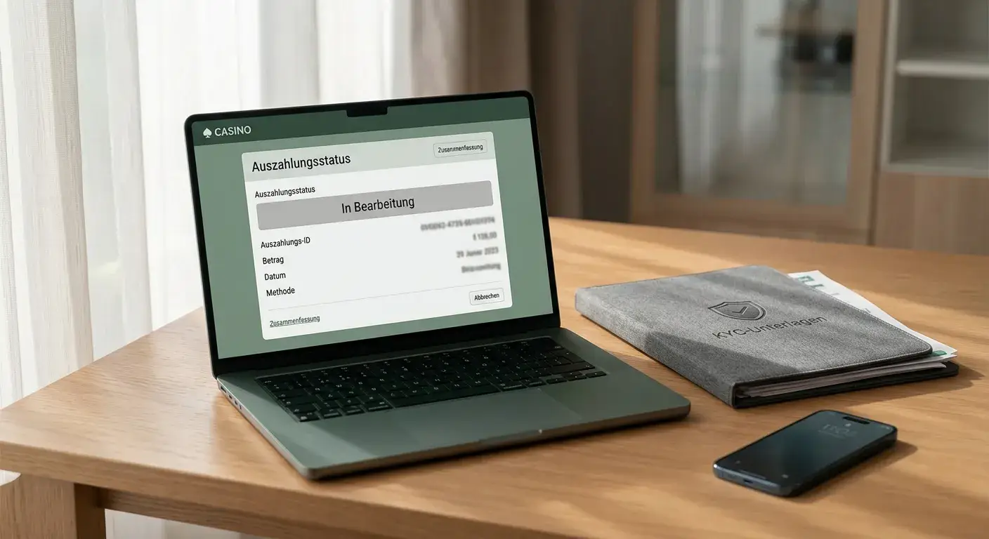 Laptop mit neutraler Auszahlungsübersicht und sicheren Zahlungsoptionen