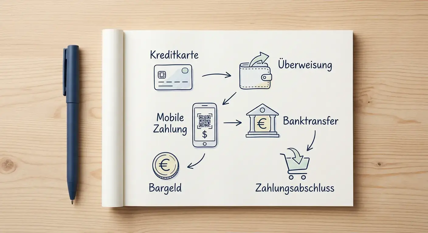 Verschiedene Zahlungsoptionen symbolisch dargestellt auf einem Notizblock