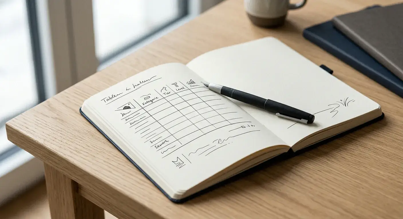 Notizbuch mit Auszahlungslimits und Stift auf Schreibtisch