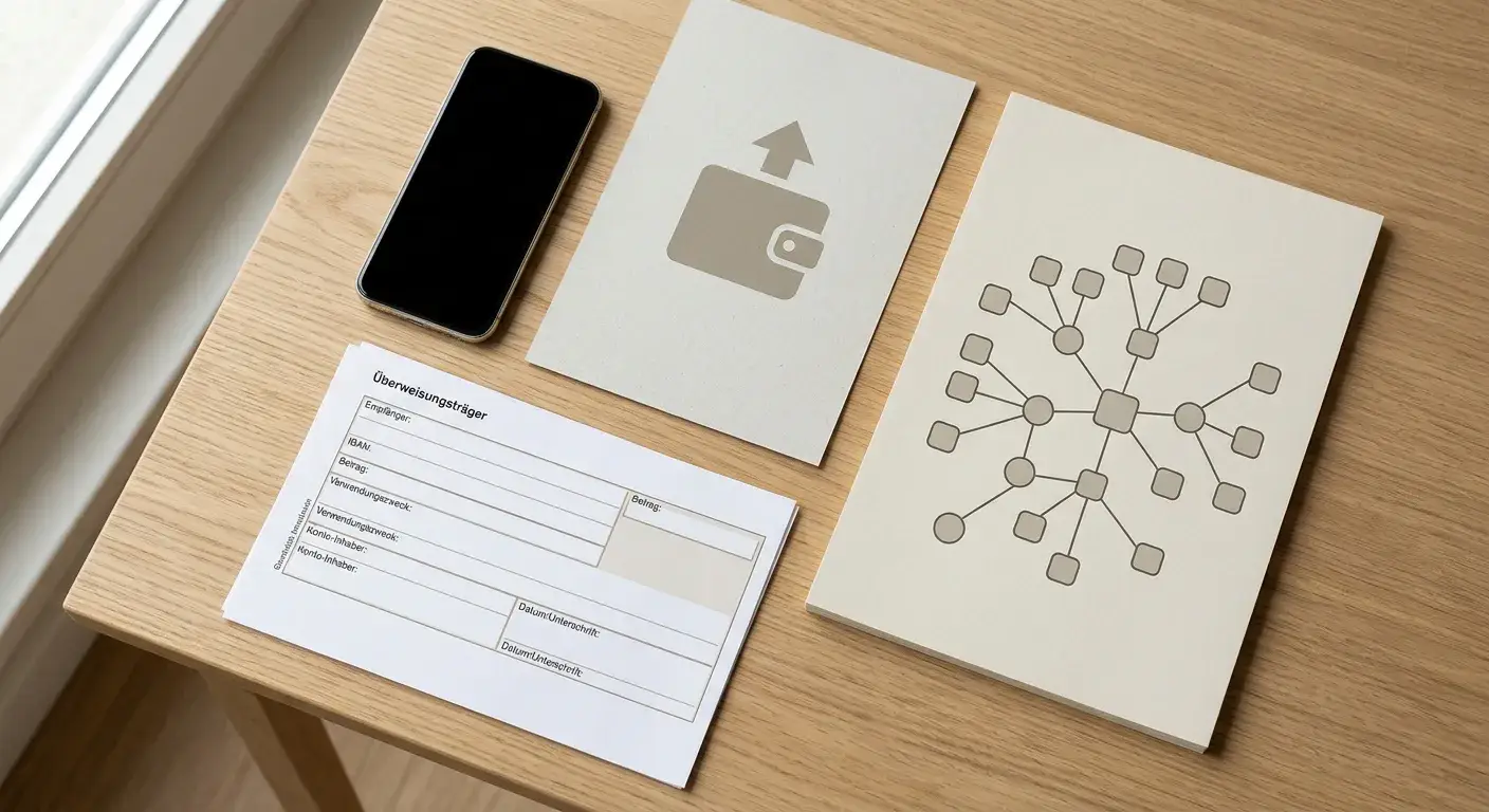 Neutrale Übersicht von E-Wallet, Krypto und Banküberweisung