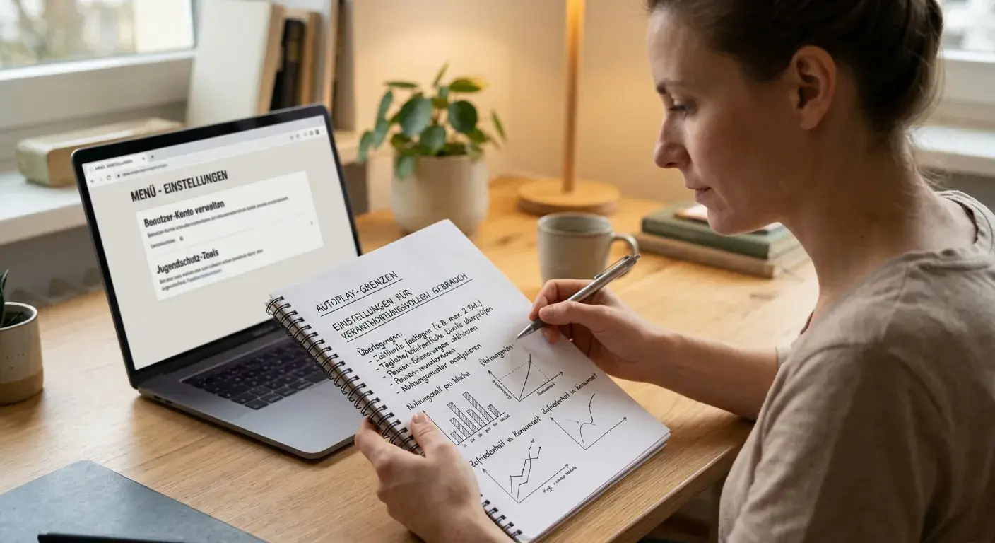 Person am Laptop prüft Autoplay-Limits und Stop-Bedingungen vor dem Dauerlauf