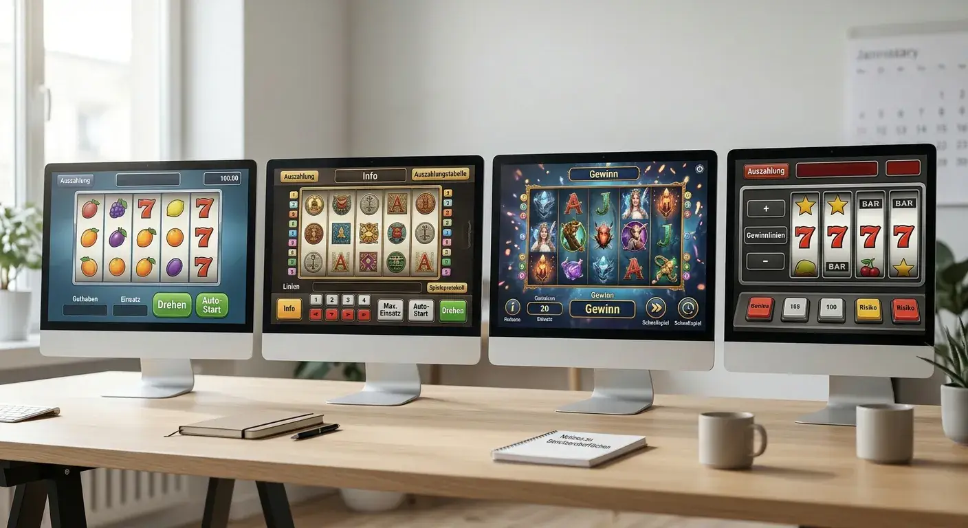 Unterschiedliche Spielautomaten-Interfaces mit Autoplay-Konfiguration im Studio-Vergleich