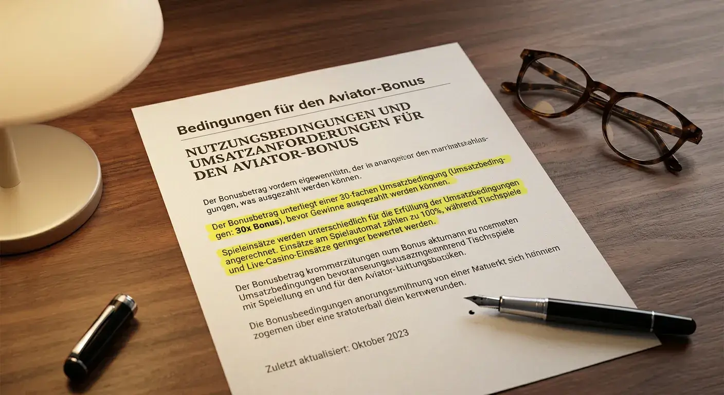 Gedrucktes Dokument mit markierten Absätzen, Lesebrille und Füller auf dem Tisch