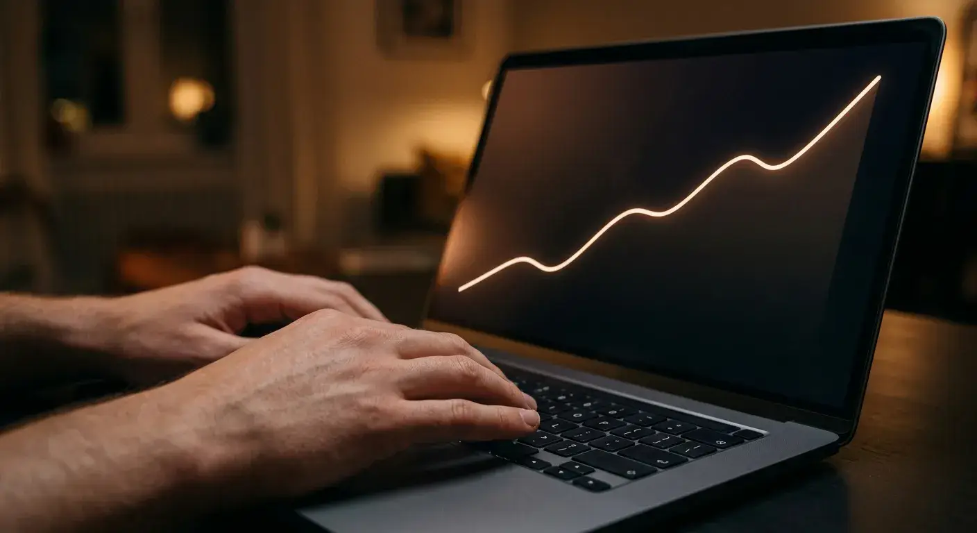 Hände über einer Laptop-Tastatur, auf dem Bildschirm eine aufsteigende Kurve