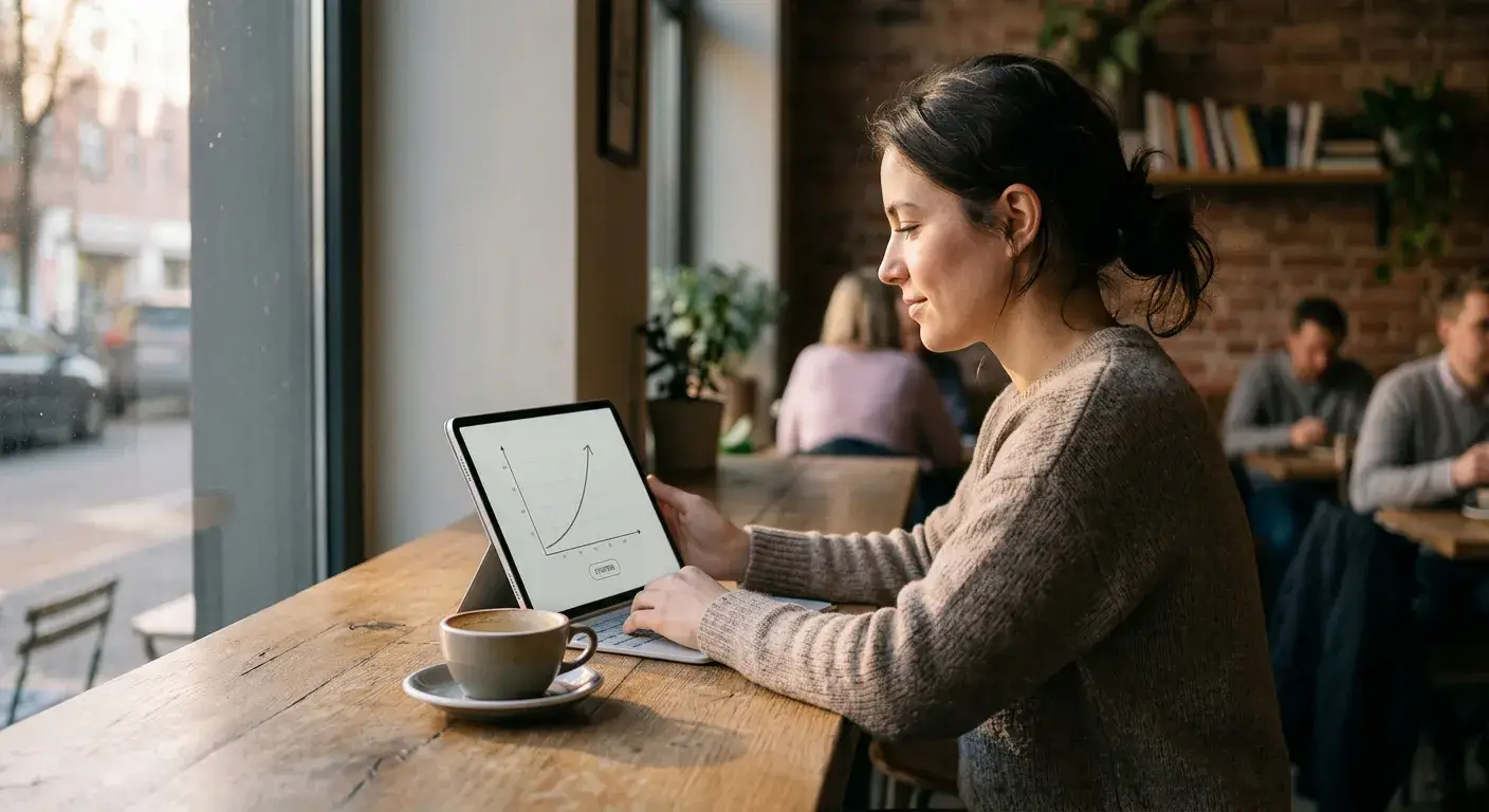 Person am Cafétisch mit Tablet und aufsteigender Kurve auf dem Bildschirm