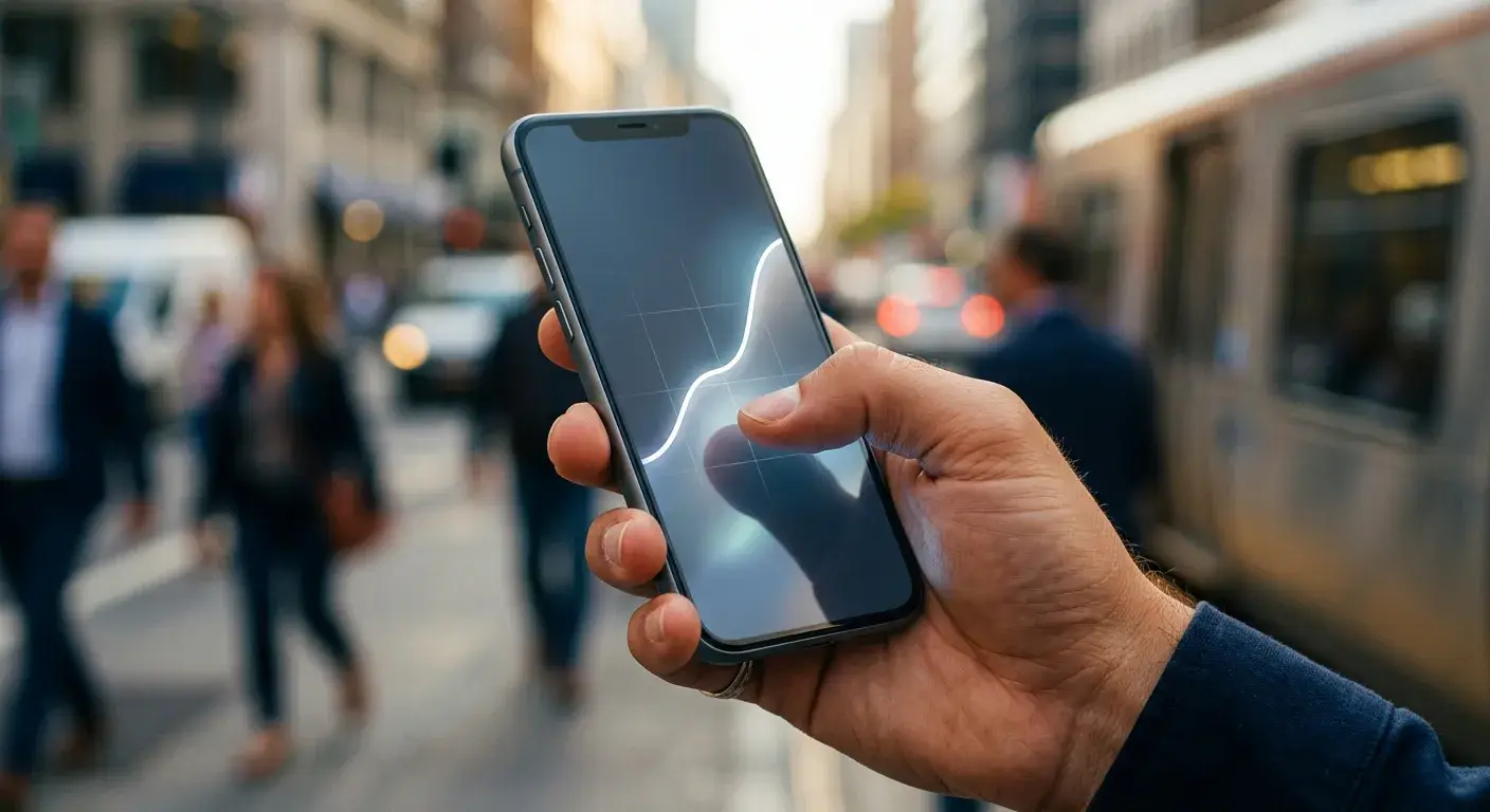 Hand hält Smartphone mit neutraler Kurvengrafik vor unscharfem urbanen Hintergrund