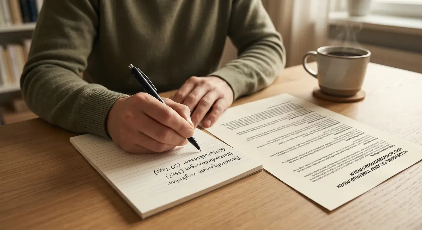 Notizblock mit handschriftlichen Markierungen neben gedruckten Bonusbedingungen, warme indirekte Beleuchtung