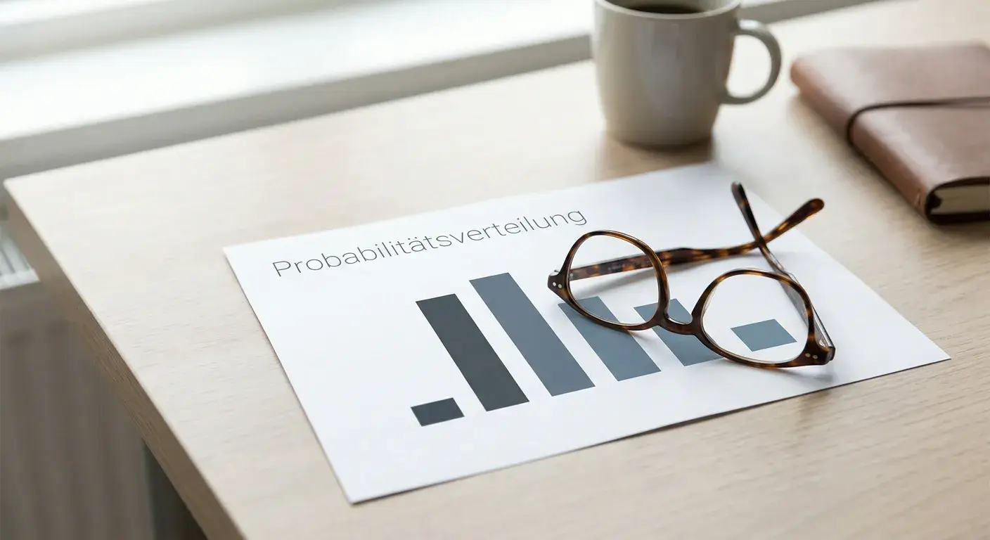 Gedruckte Wahrscheinlichkeitstabelle mit einfachen Balkenformen, Lesebrille auf dem Papier, weiches natürliches Licht