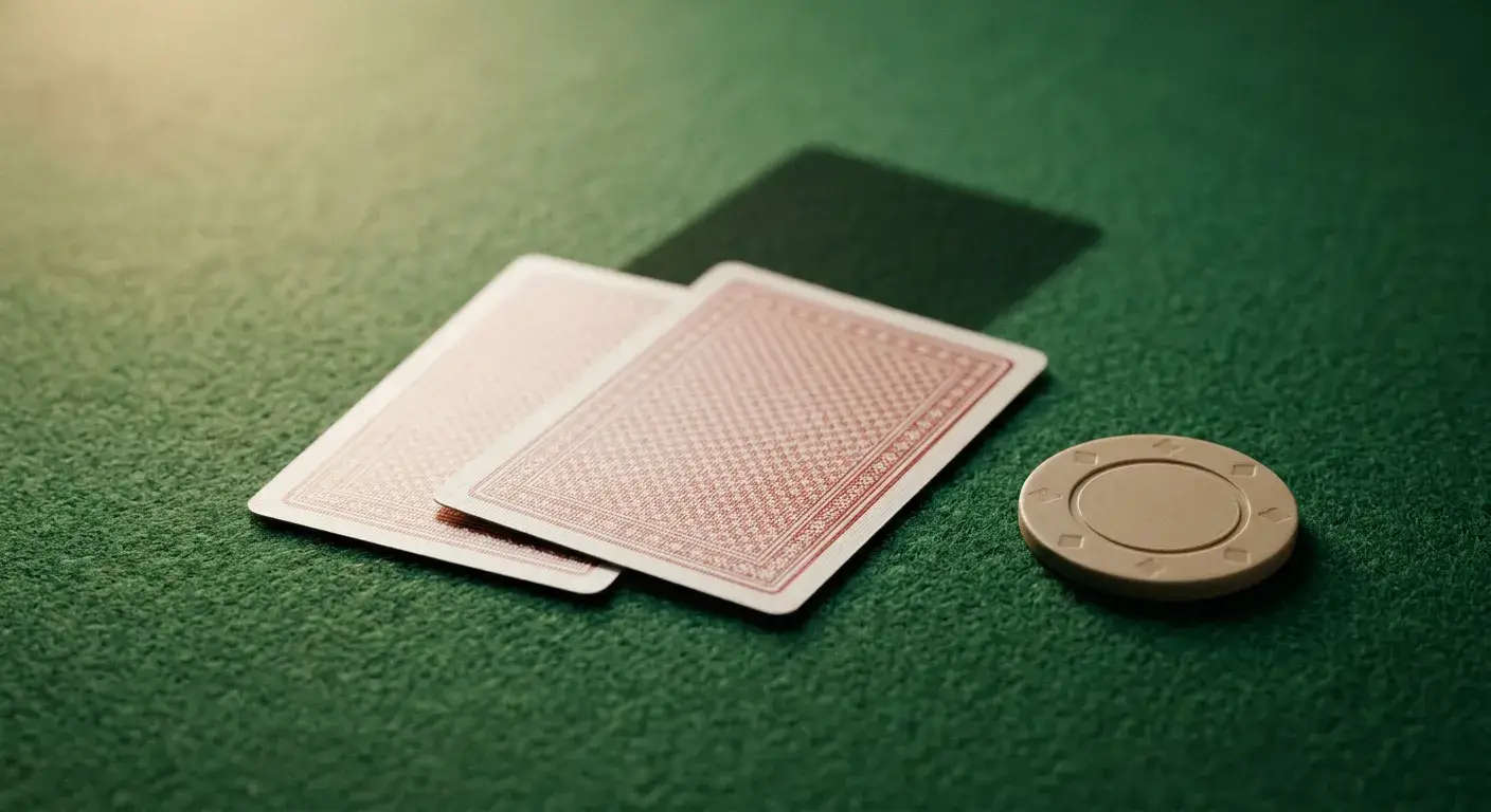 Zwei verdeckte Spielkarten auf grünem Filz mit dezenter Schattenbildung, daneben ein neutraler Chip ohne Aufdruck