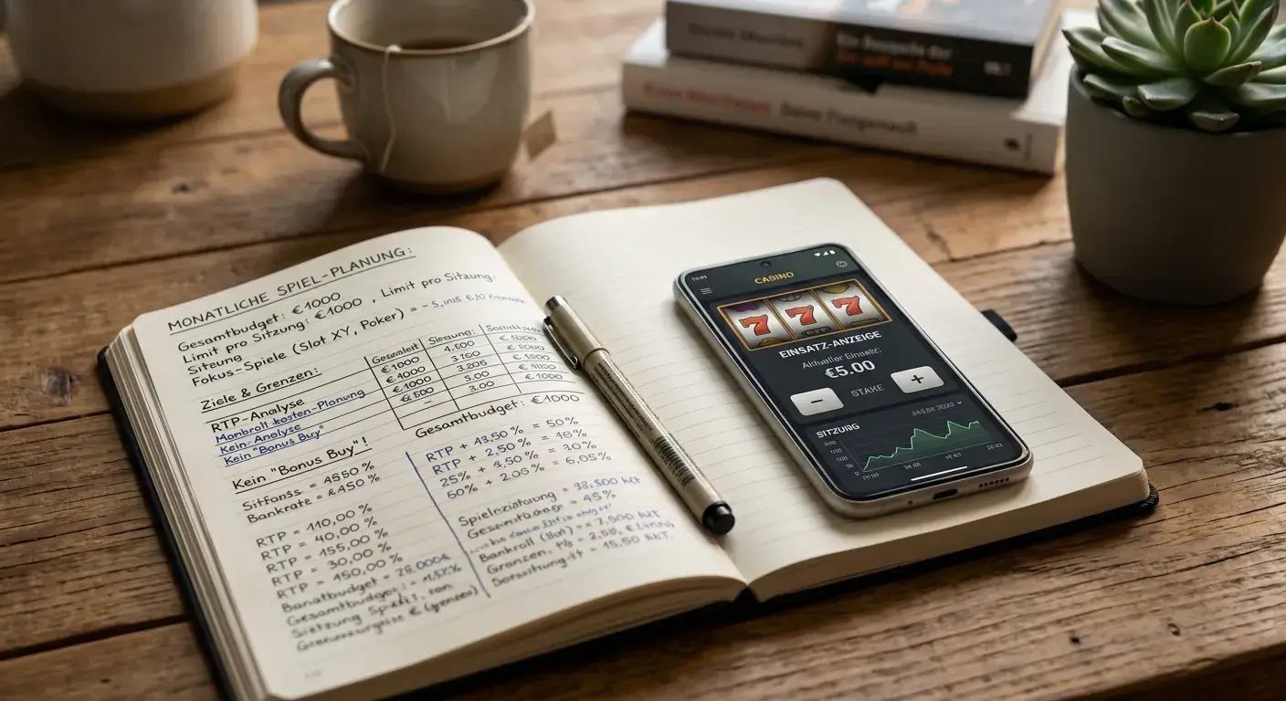 Notizbuch mit handschriftlicher Budgetplanung neben einem Smartphone mit Einsatzanzeige