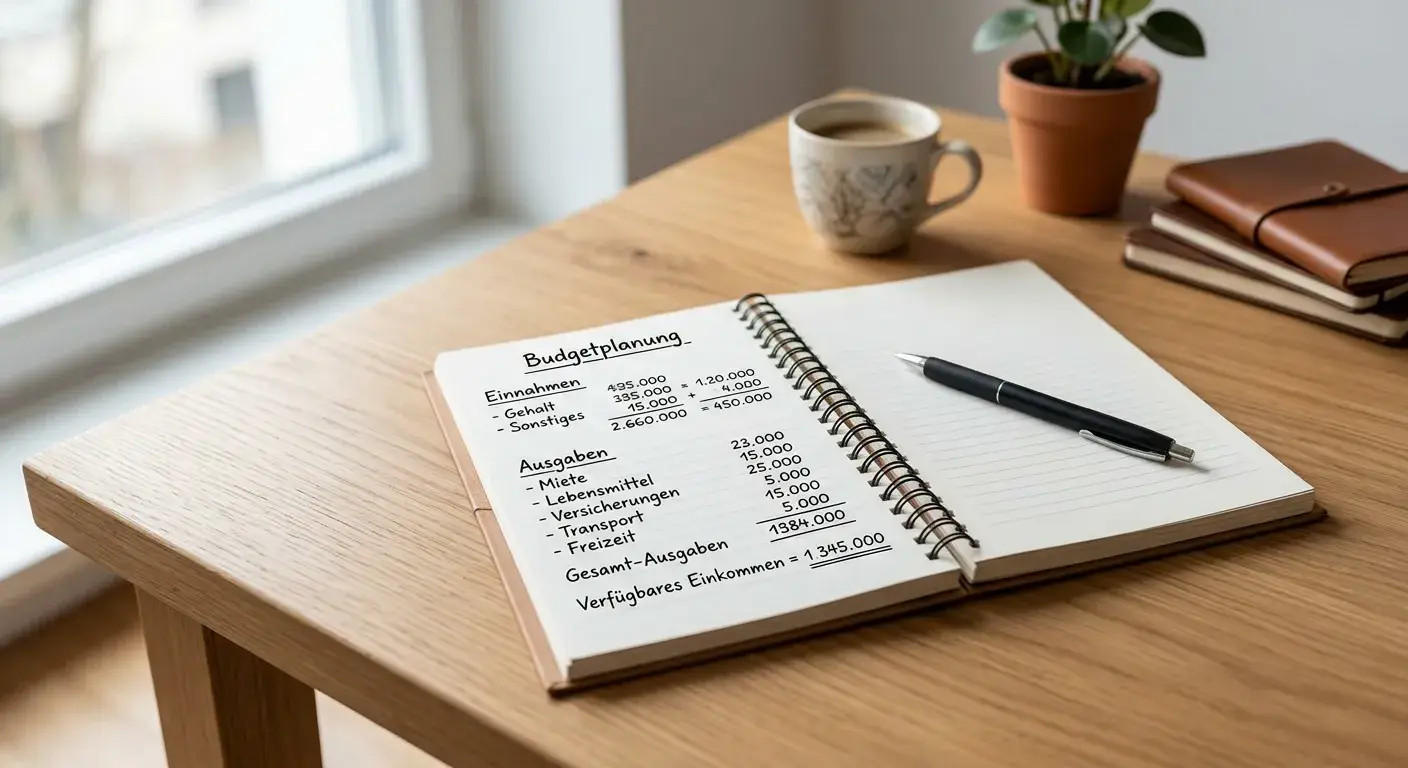 Schreibtisch mit Notizbuch und Stift zur Bankroll-Planung