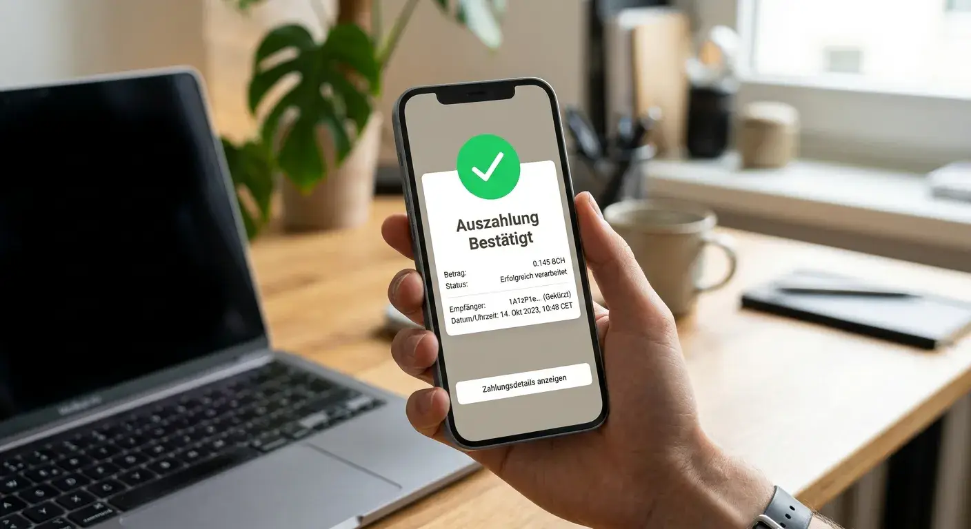 Smartphone mit Krypto-Wallet-App und Transaktionsbestätigung auf dem Display