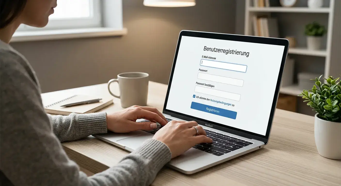 Person am Laptop mit E-Mail-Registrierungsformular auf dem Bildschirm