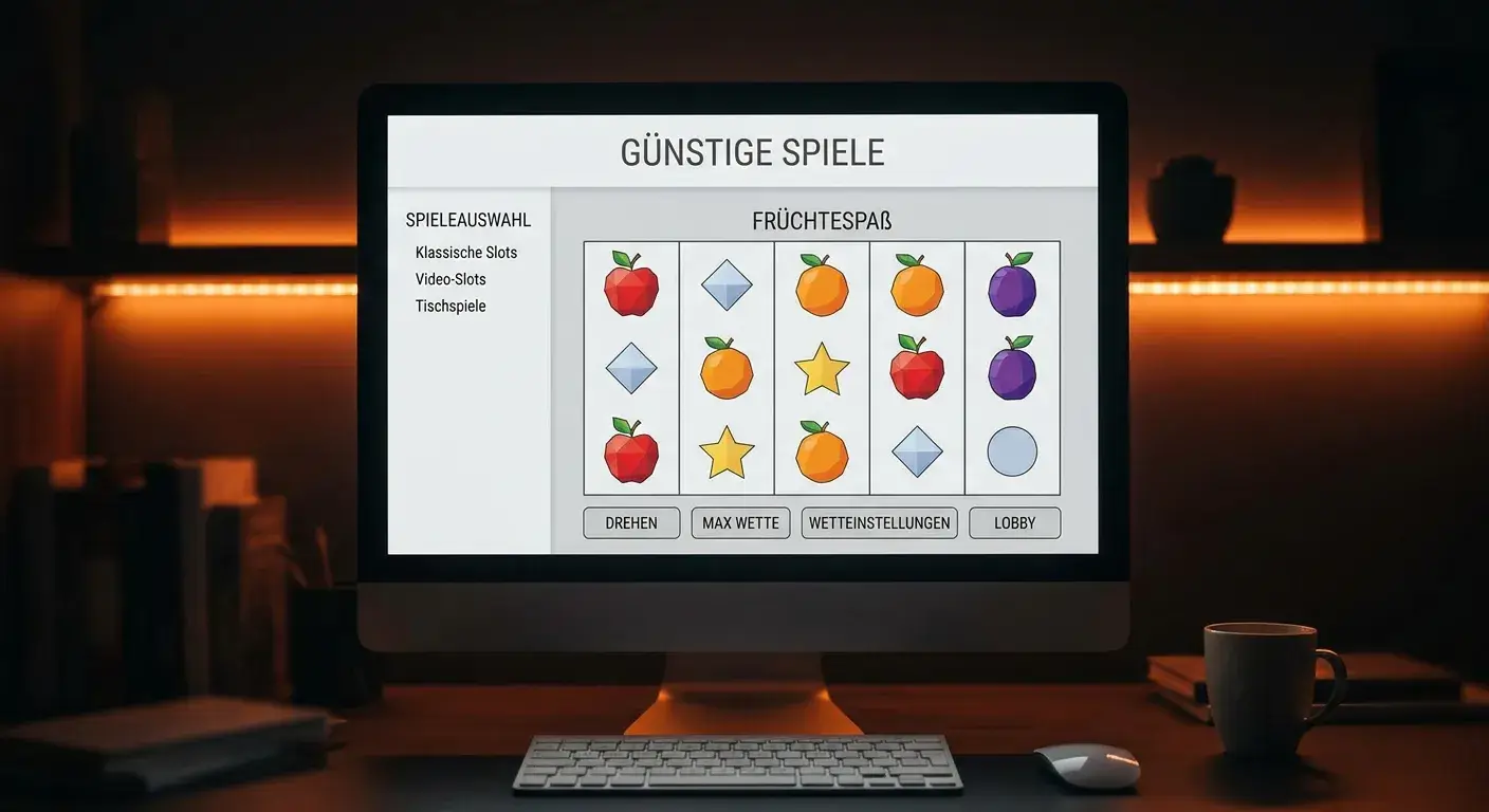 Bildschirm mit neutralen Spielautomaten-Symbolen und generischen Walzen