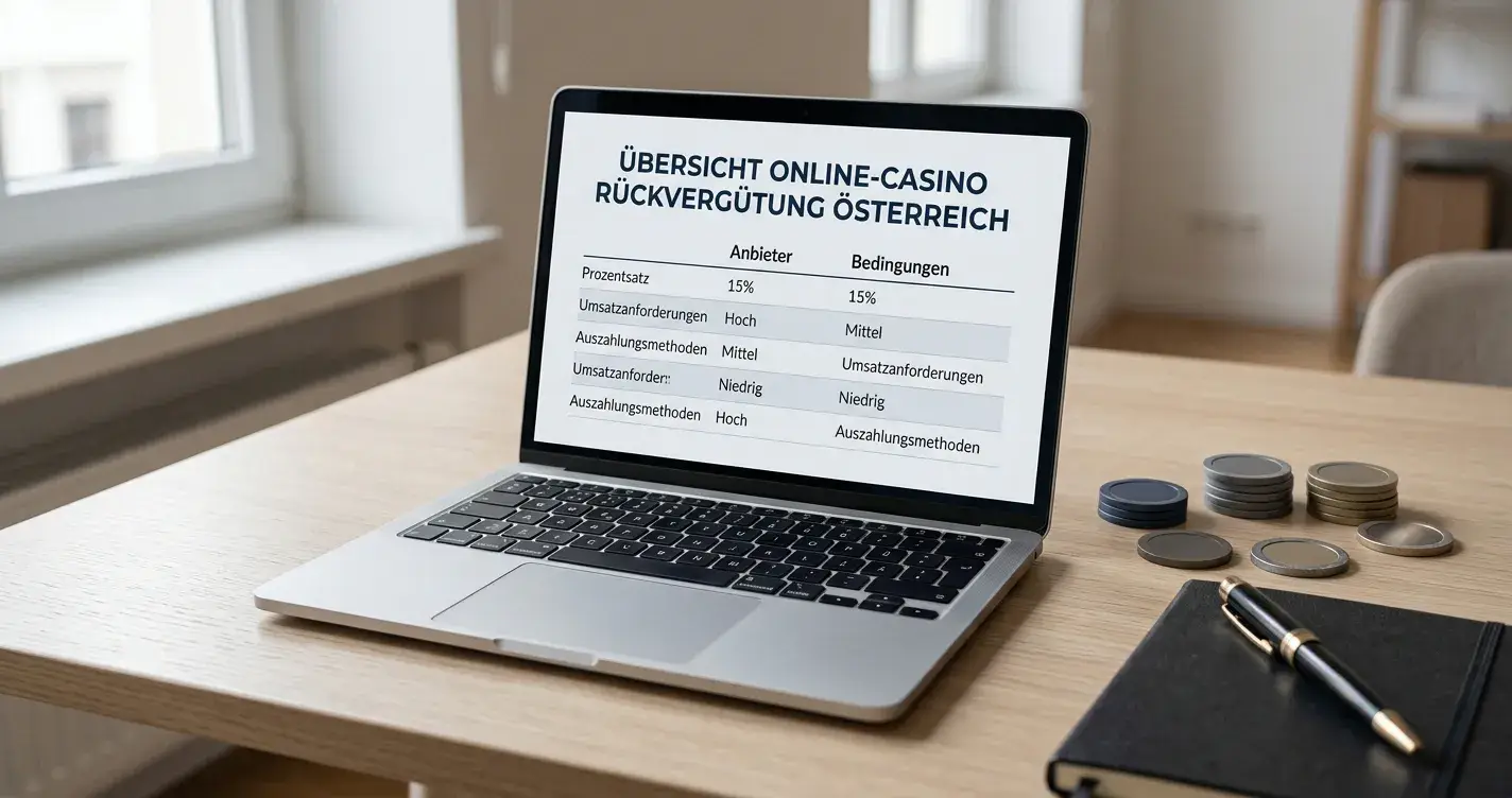 Neutrale Übersicht von Rückvergütung-Casinos für Österreich auf einem Schreibtisch