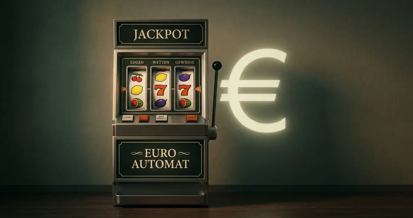 Klassischer Jackpot-Automat mit generischen Frucht- und Sieben-Symbolen im ruhigen Raum mit dezentem Euro-Zeichen im Hintergrund