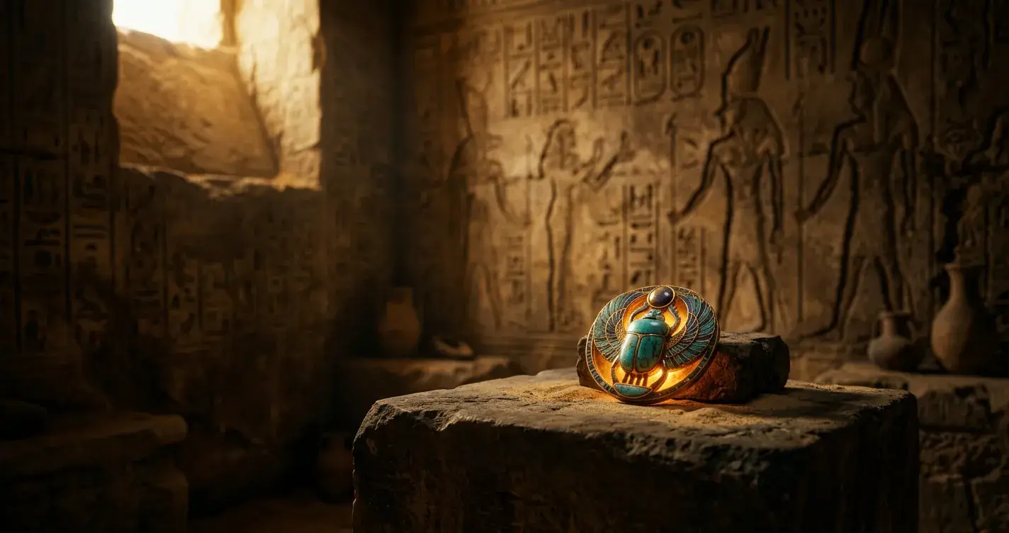 Goldenes Skarabäus-Amulett auf steinernem Sockel in ägyptischer Grabkammer mit warmem Licht