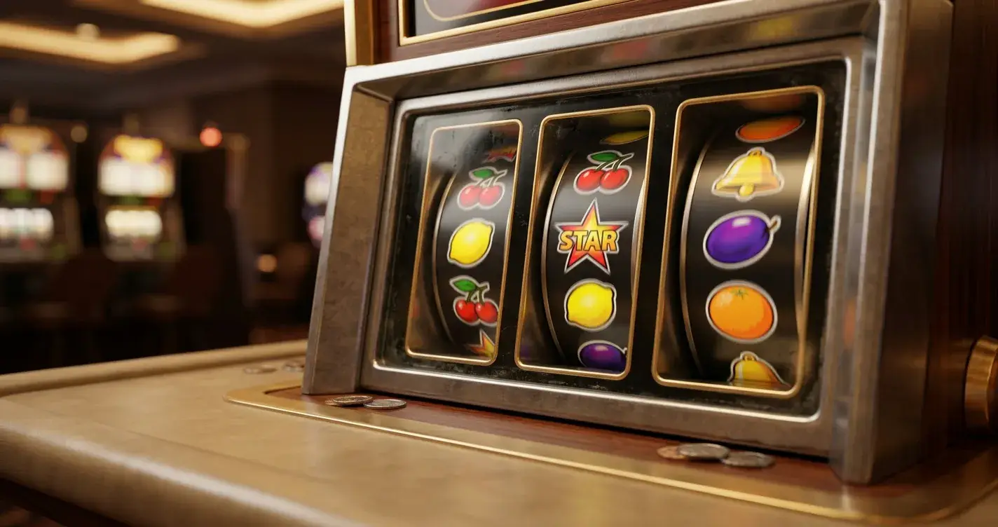 Nahaufnahme von klassischen Spielautomaten-Walzen mit Fruchtsymbolen