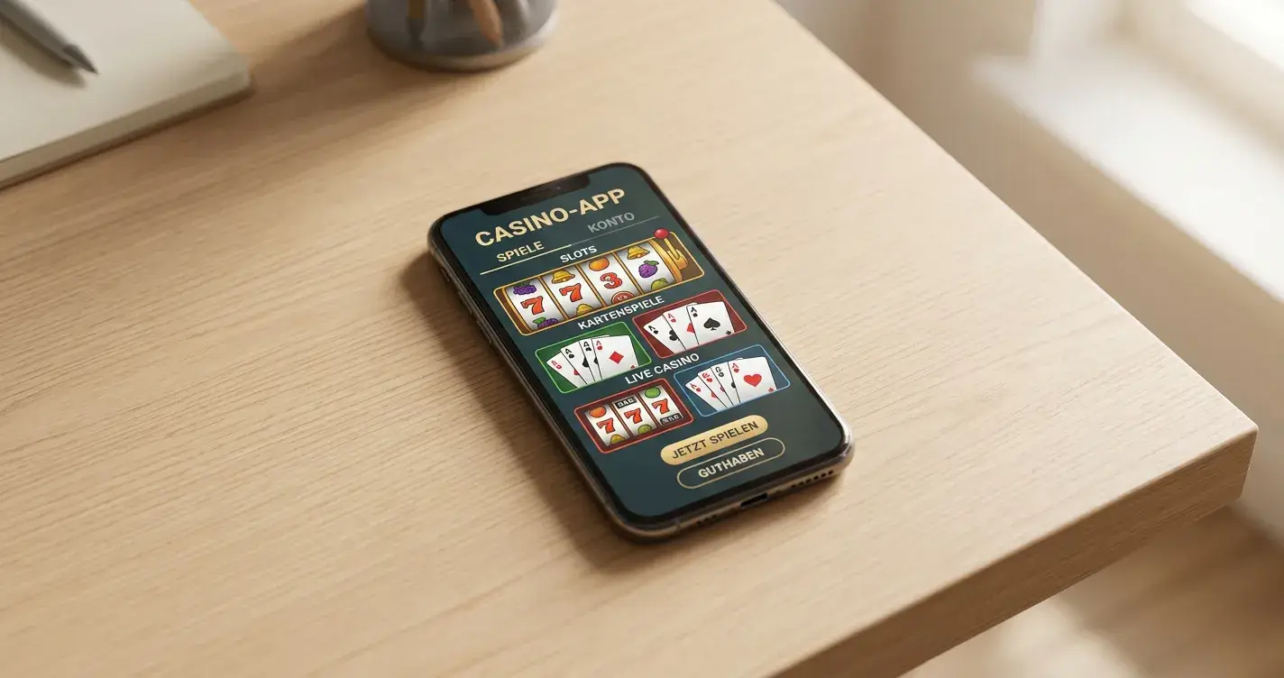 Smartphone mit Casino-App auf Holztisch, moderne mobile Glücksspiel-Anwendung