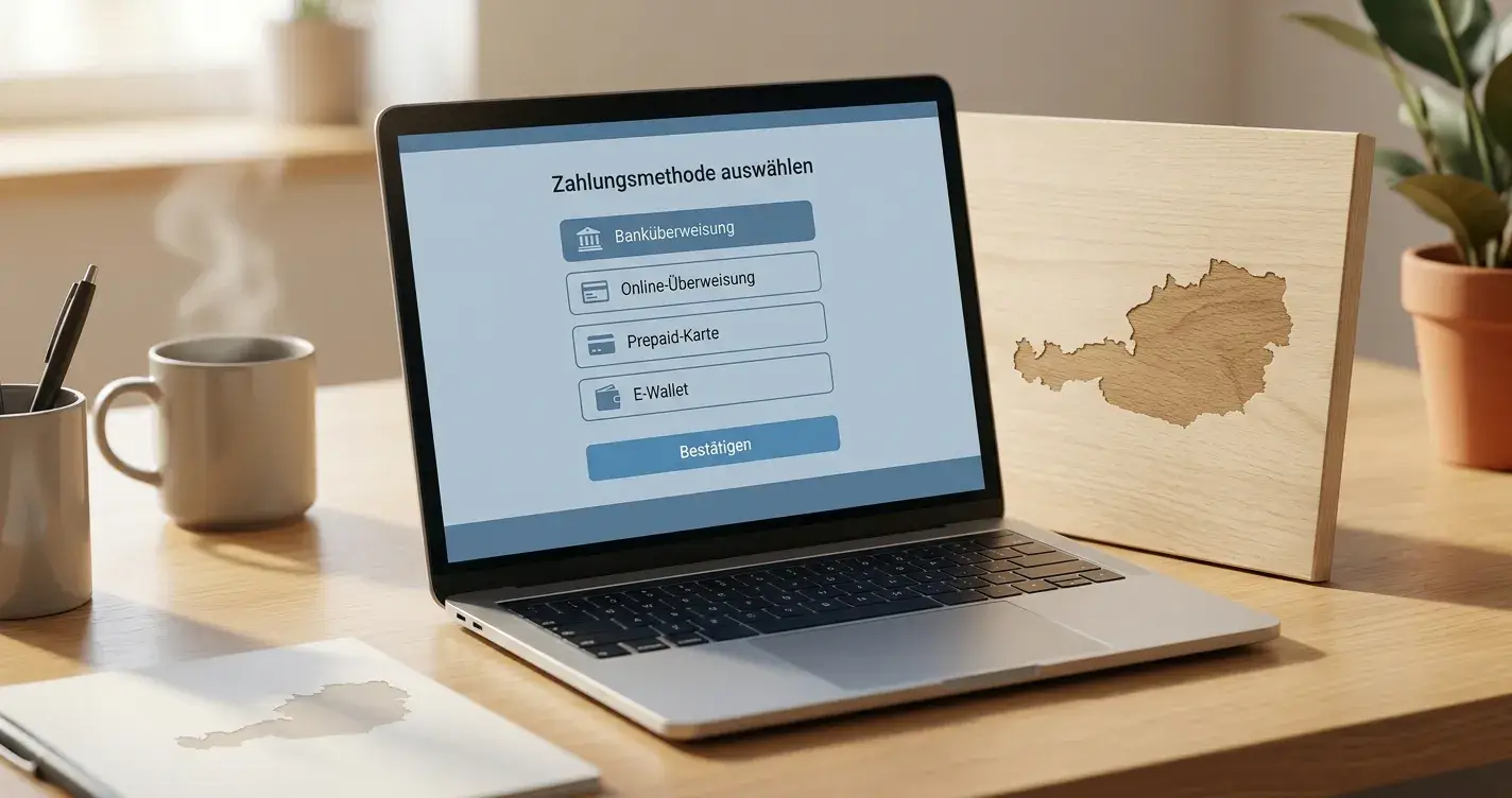 Laptop mit neutraler Zahlungsauswahl und österreichischer Landkarte