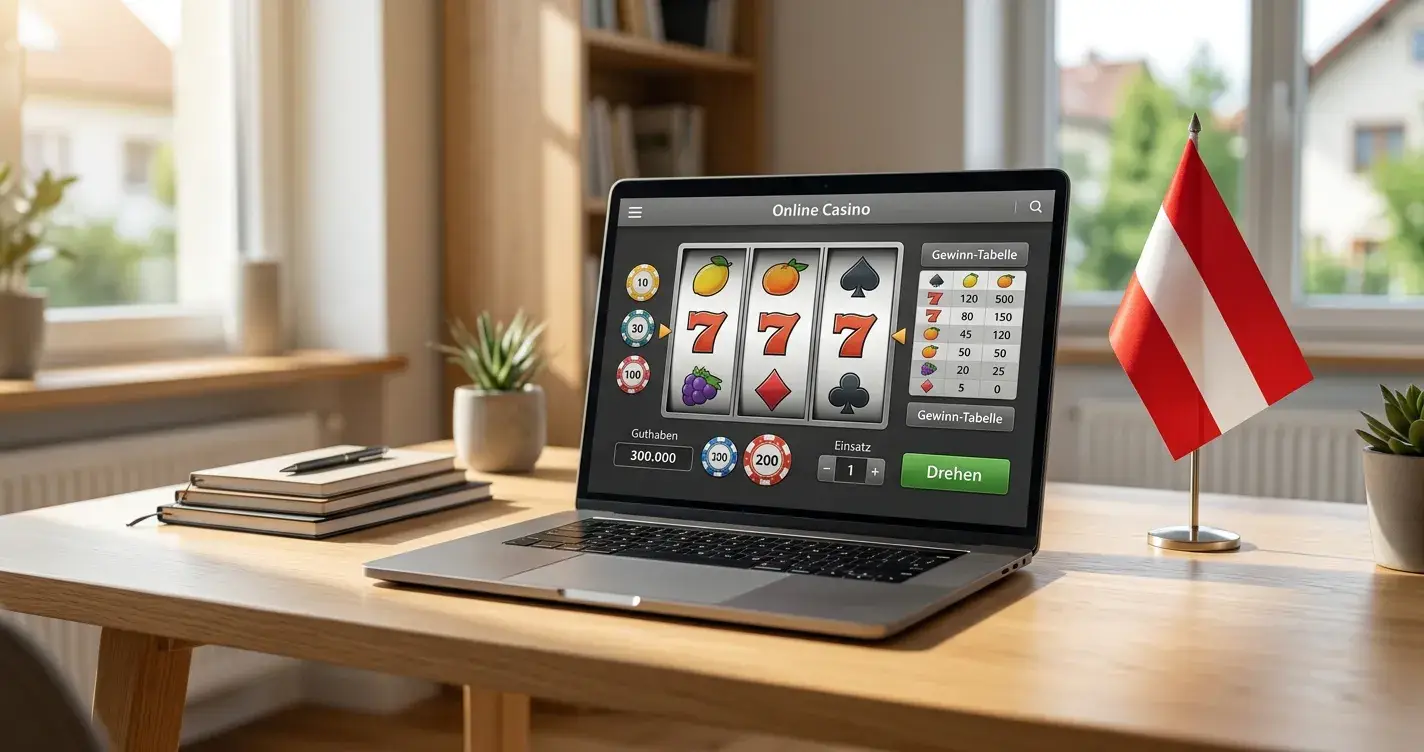 Österreichische Flagge neben einem Laptop mit neutralem Casino-Interface