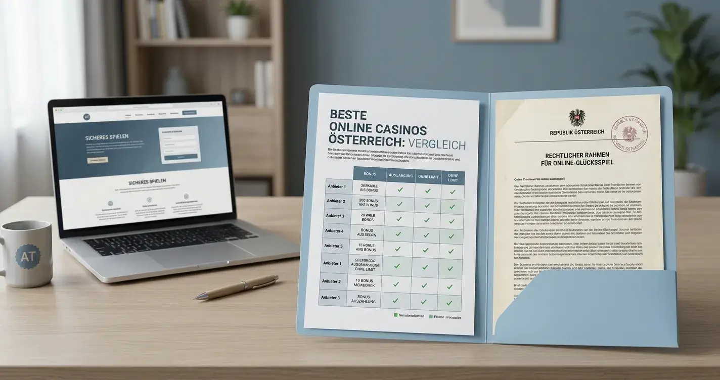 Schreibtisch mit neutralem Casino-Vergleich und österreichischem Rechtsdokument
