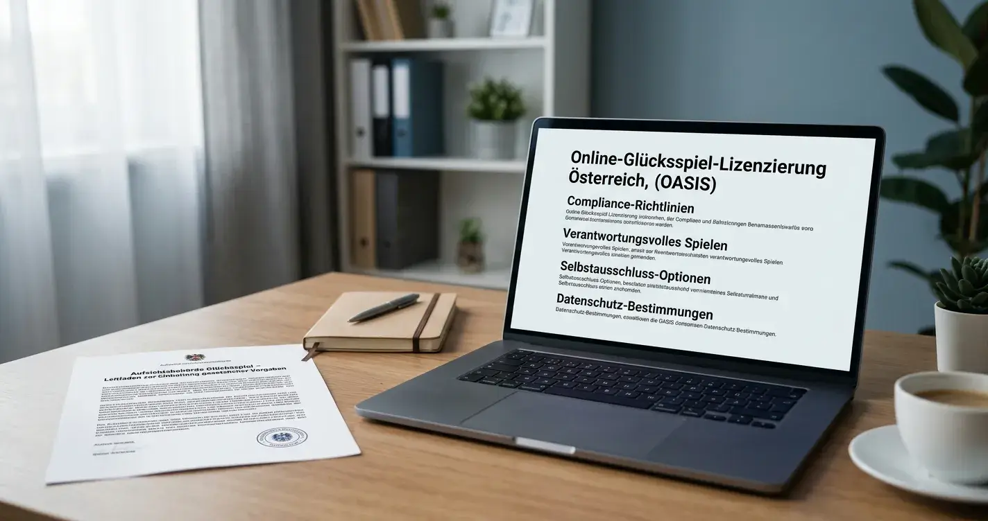 Laptop mit neutraler Casino-Seite und österreichischem Prüfvermerk