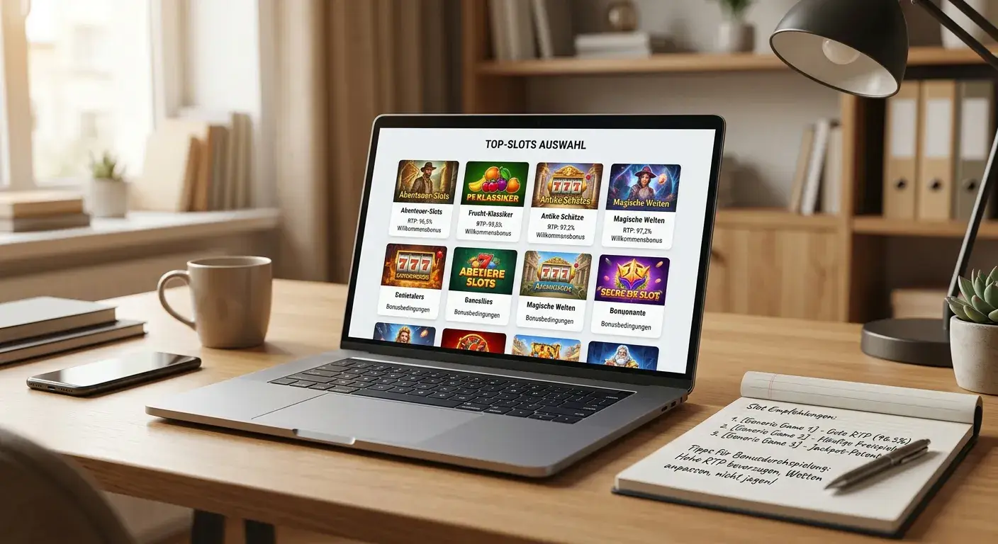 Laptop mit Spielautomat-Spielen und RTP-Statistiken auf Bildschirm