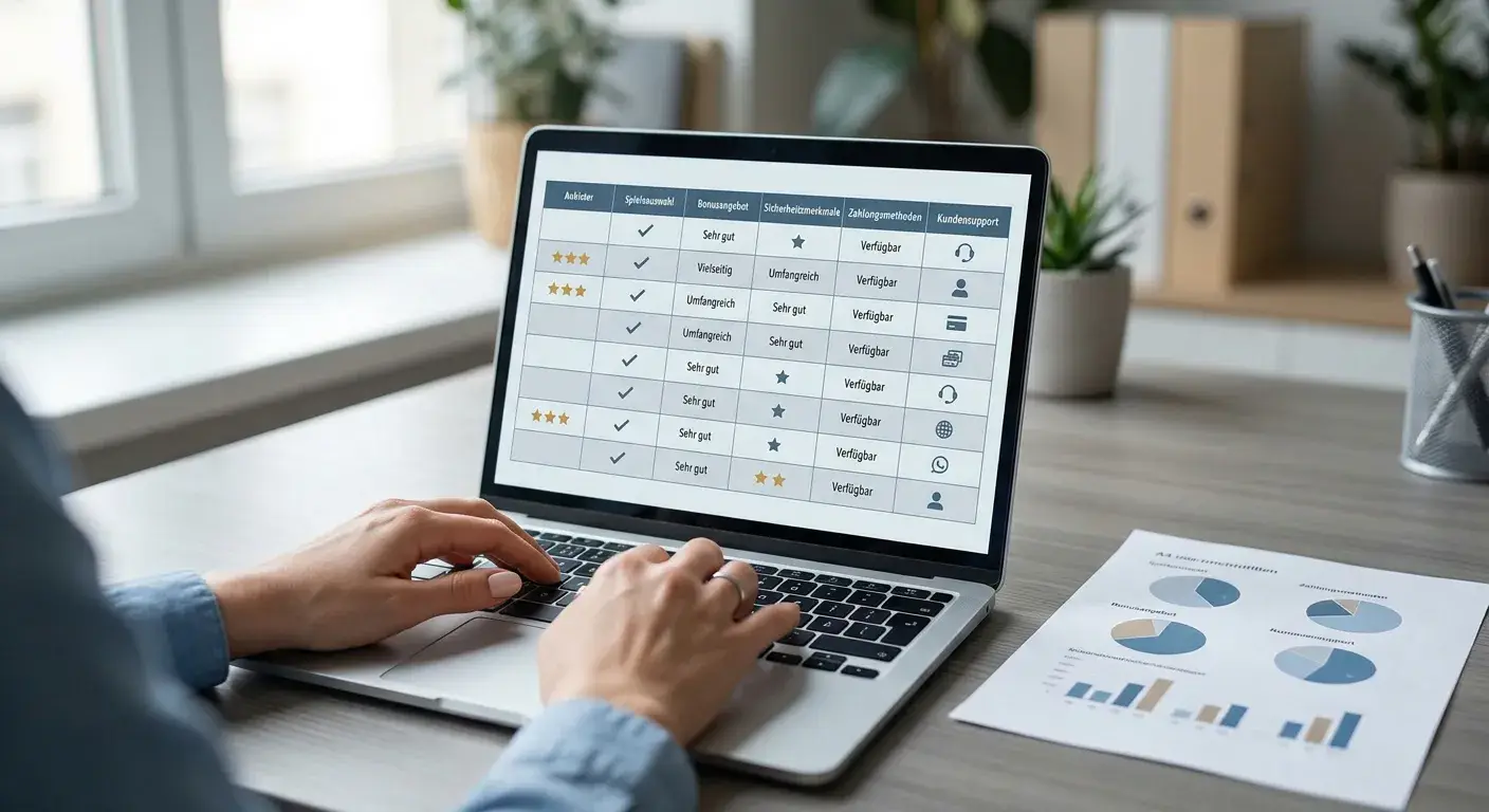 Vergleichstabelle auf einem Laptopbildschirm, generisches Casino-Interface
