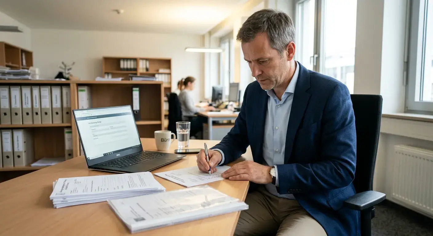 Person prüft Betreibername, Lizenz und Teilnahmebedingungen auf einem Schreibtisch