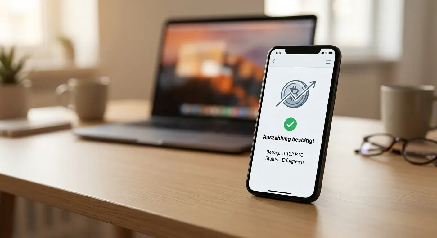 Bitcoin-Symbol neben Smartphone mit Wallet-App und Auszahlungsbestätigung