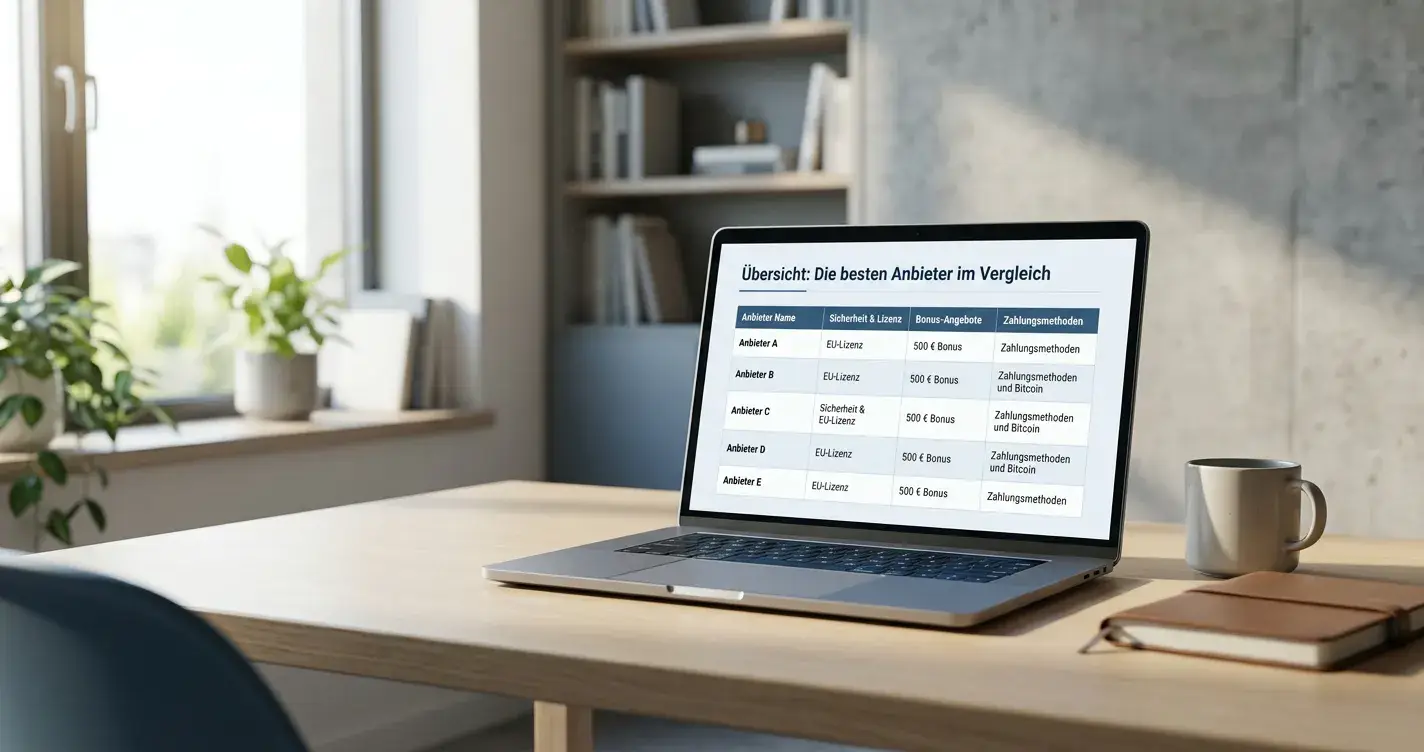 Laptop auf einem modernen Schreibtisch mit geöffnetem Browser und neutralem Casino-Vergleichsdokument