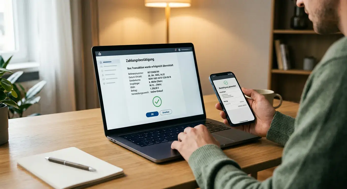 Person am Schreibtisch mit Smartphone und Laptop, die eine Bitcoin-Transaktion auf dem Bildschirm verfolgt