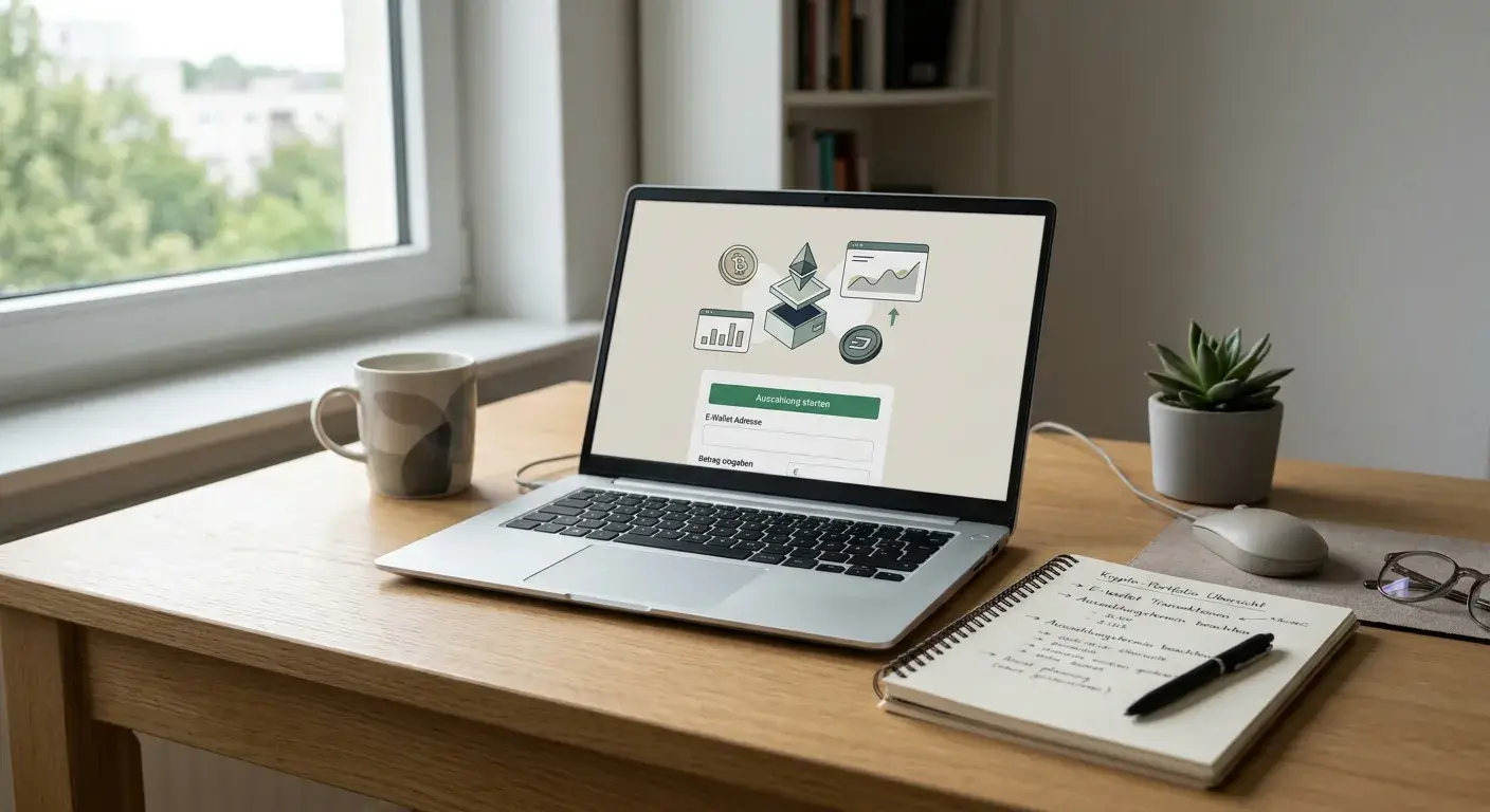 Laptop mit neutralen Symbolen für Kryptowährung und elektronische Geldbörsen