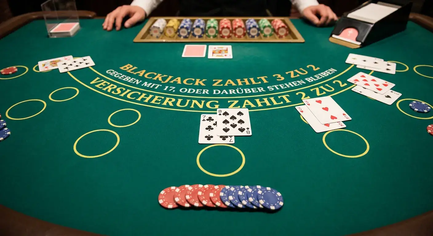 Blackjack-Tisch mit Spielkarten und Chips aus Spielerperspektive